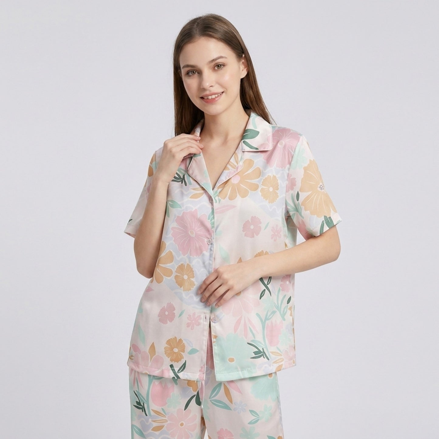 2-Piece Soft Floral Pajama Set with Short Sleeve Button Top and Wide Leg Pants