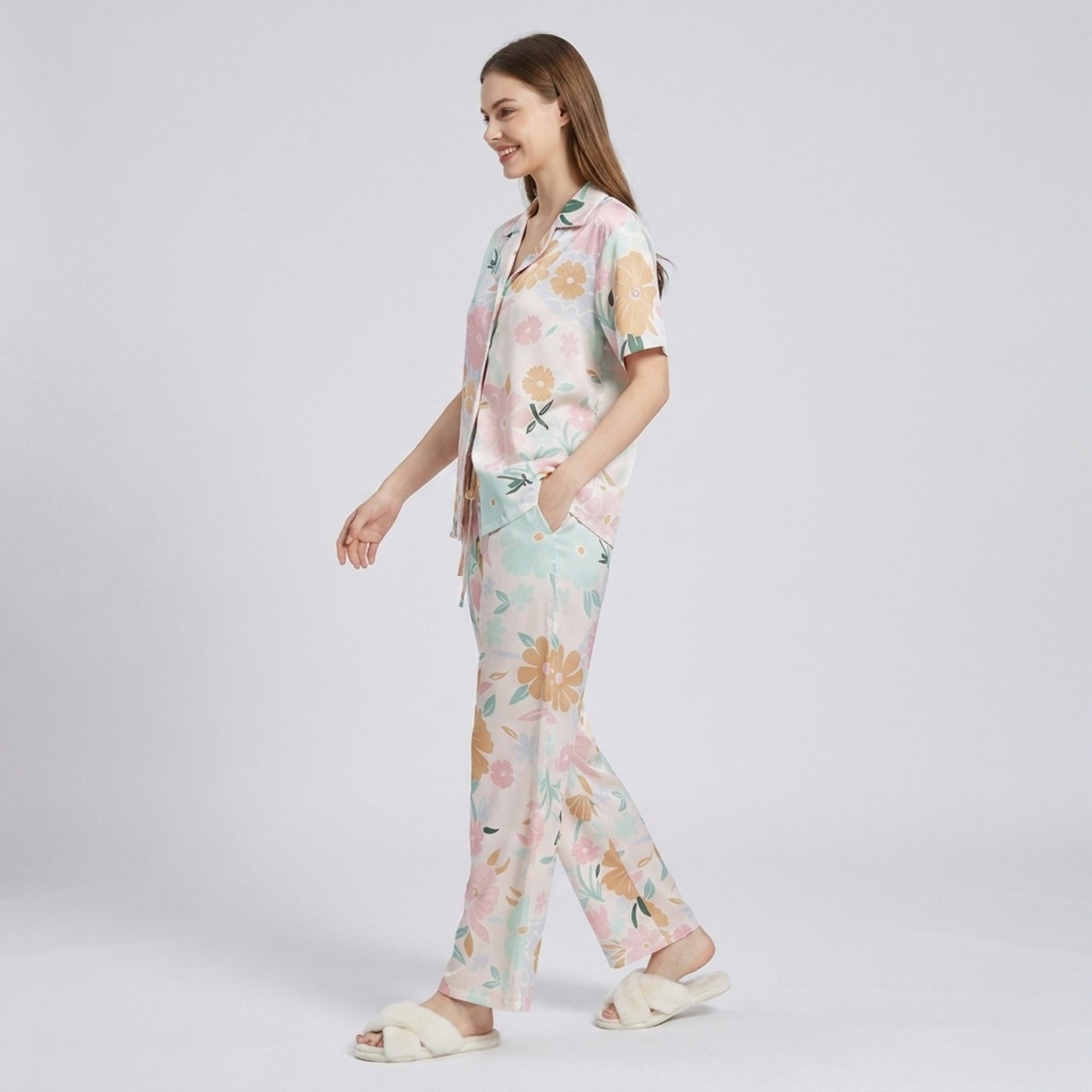 2-Piece Soft Floral Pajama Set with Short Sleeve Button Top and Wide Leg Pants