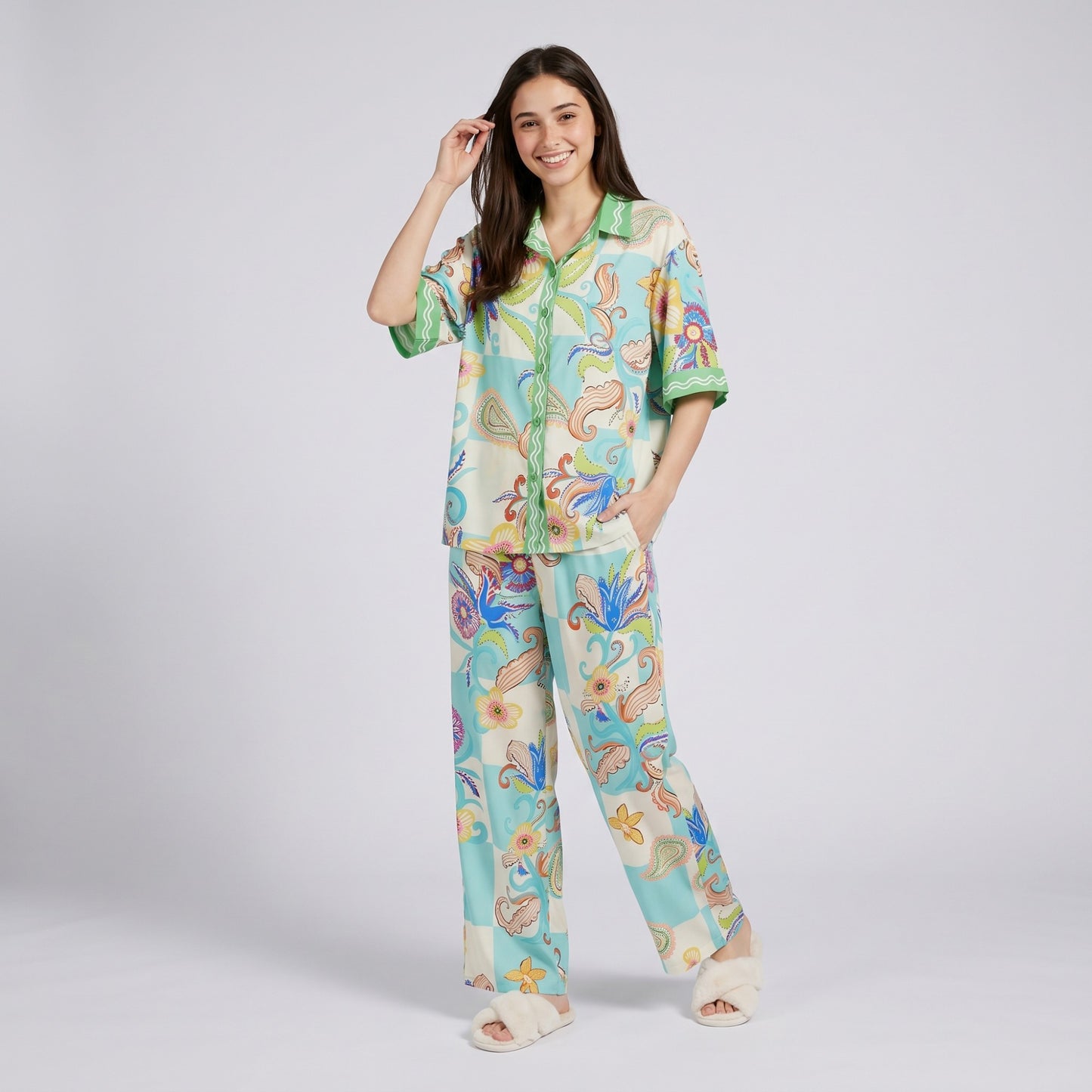 2-Piece Paisley Floral Pajama Set with Short Sleeve Button Top and Wide Leg Pants
