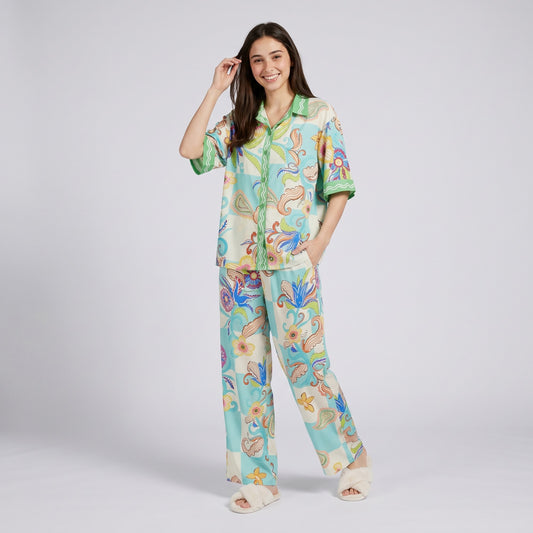 2-Piece Paisley Floral Pajama Set with Short Sleeve Button Top and Wide Leg Pants