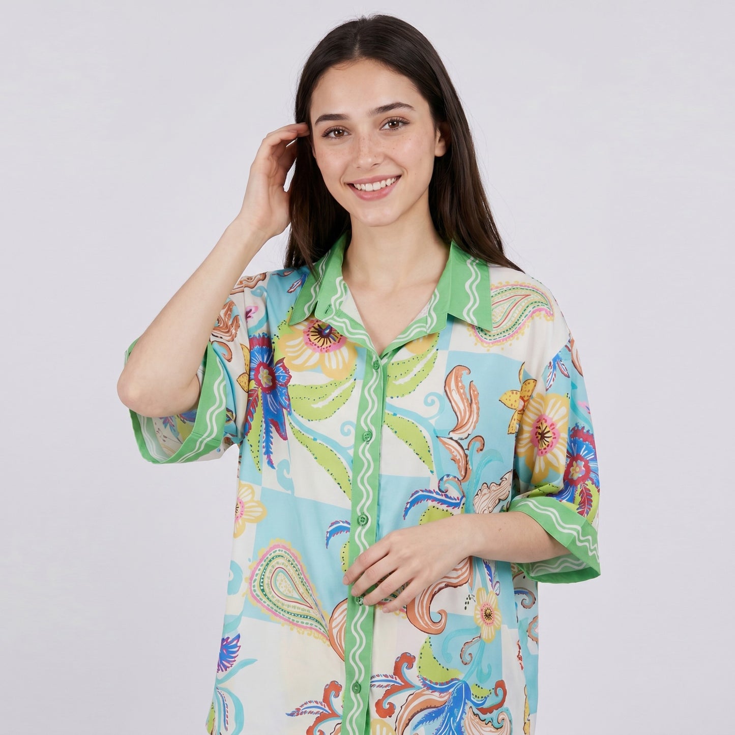 2-Piece Paisley Floral Pajama Set with Short Sleeve Button Top and Wide Leg Pants