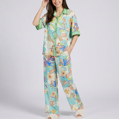 2-Piece Paisley Floral Pajama Set with Short Sleeve Button Top and Wide Leg Pants