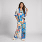 2-Piece Travel Print Pajama Set with Short Sleeve Button Top and Wide Leg Pants