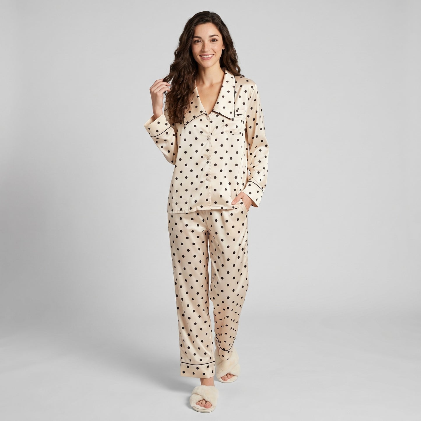 2-Piece Polka Dot Pajama Set with Button Front Top and Wide Leg Pants