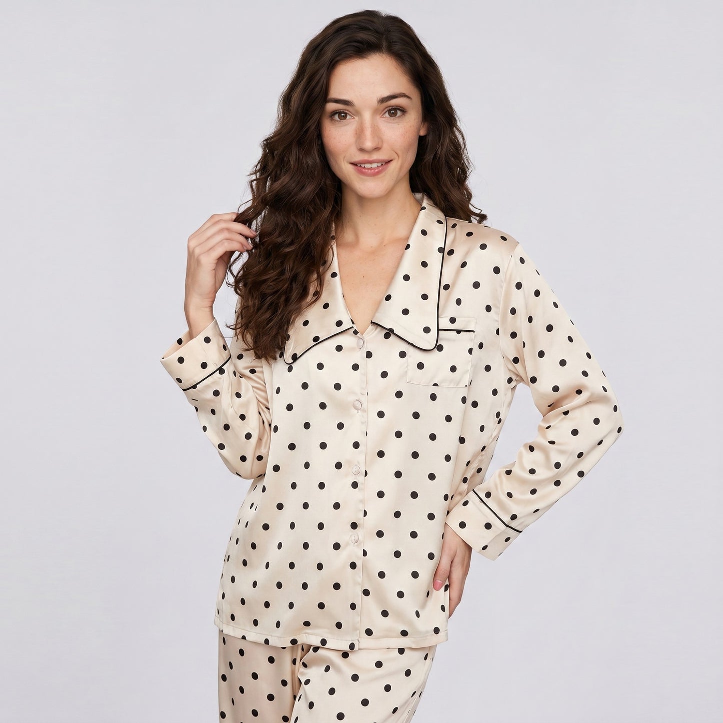 2-Piece Polka Dot Pajama Set with Button Front Top and Wide Leg Pants