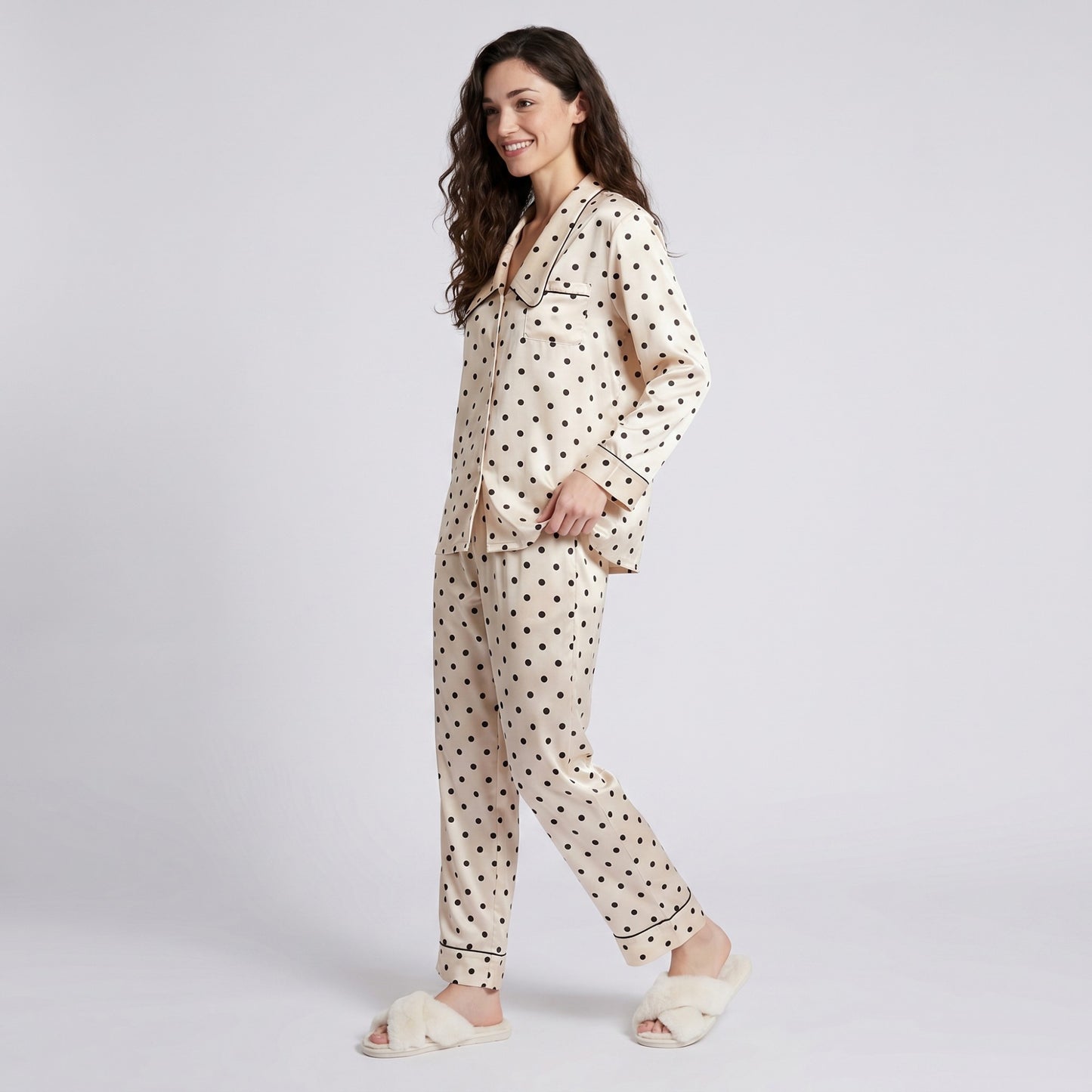 2-Piece Polka Dot Pajama Set with Button Front Top and Wide Leg Pants