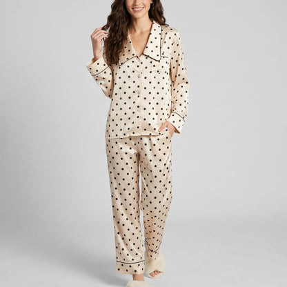 2-Piece Polka Dot Pajama Set with Button Front Top and Wide Leg Pants