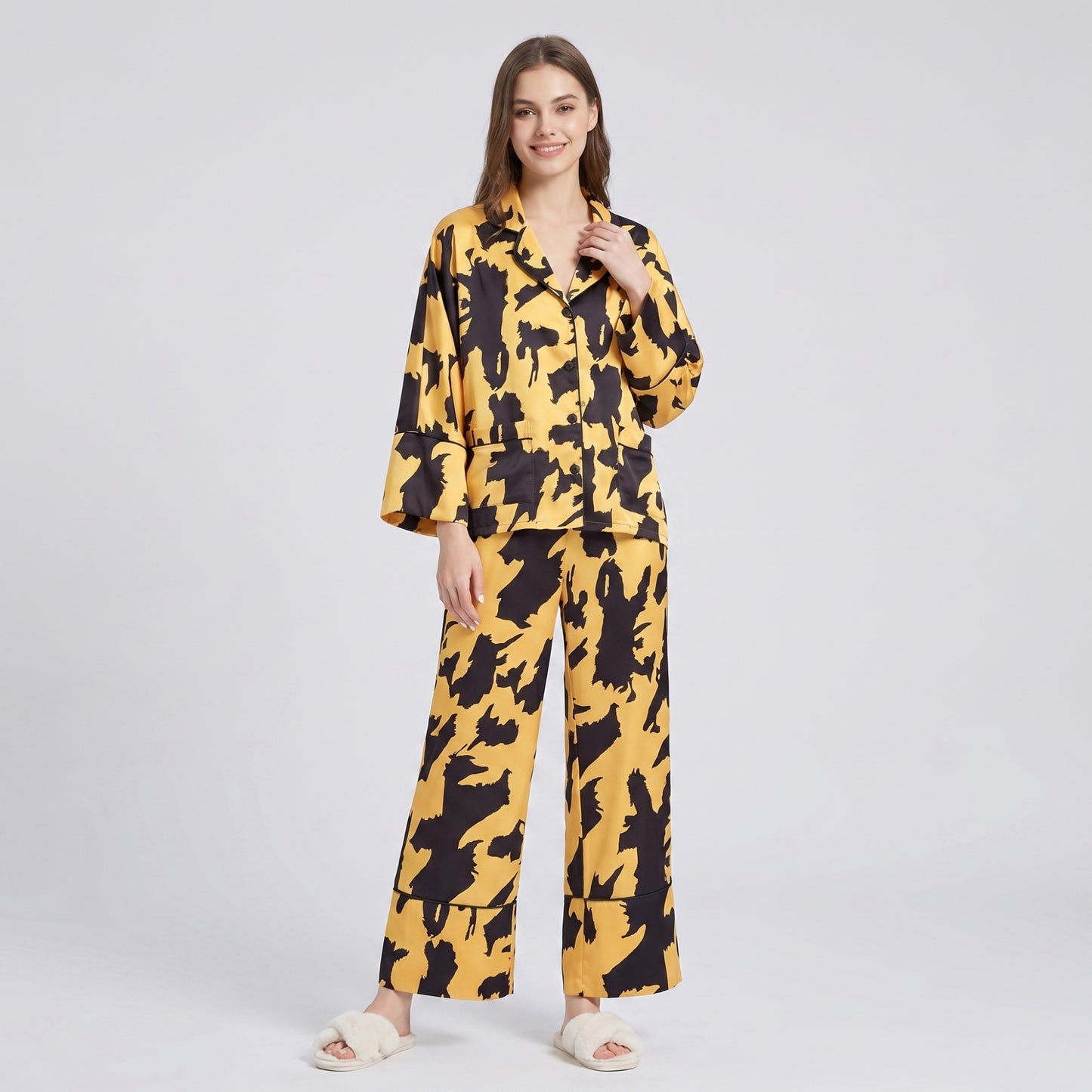 2-Piece Abstract Print Pajama Set with Button Front Top and Wide Leg Pants
