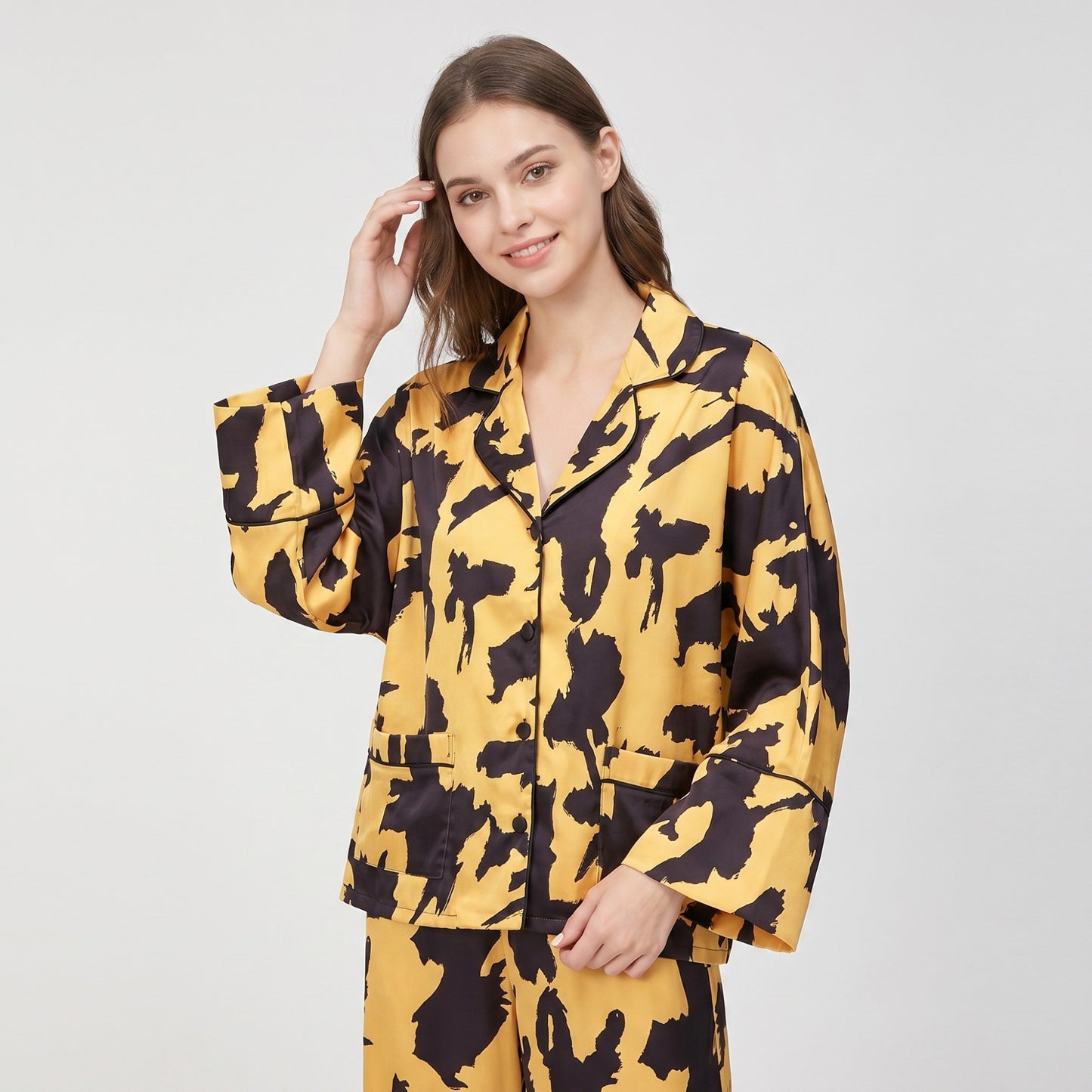 2-Piece Abstract Print Pajama Set with Button Front Top and Wide Leg Pants