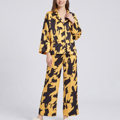 2-Piece Abstract Print Pajama Set with Button Front Top and Wide Leg Pants