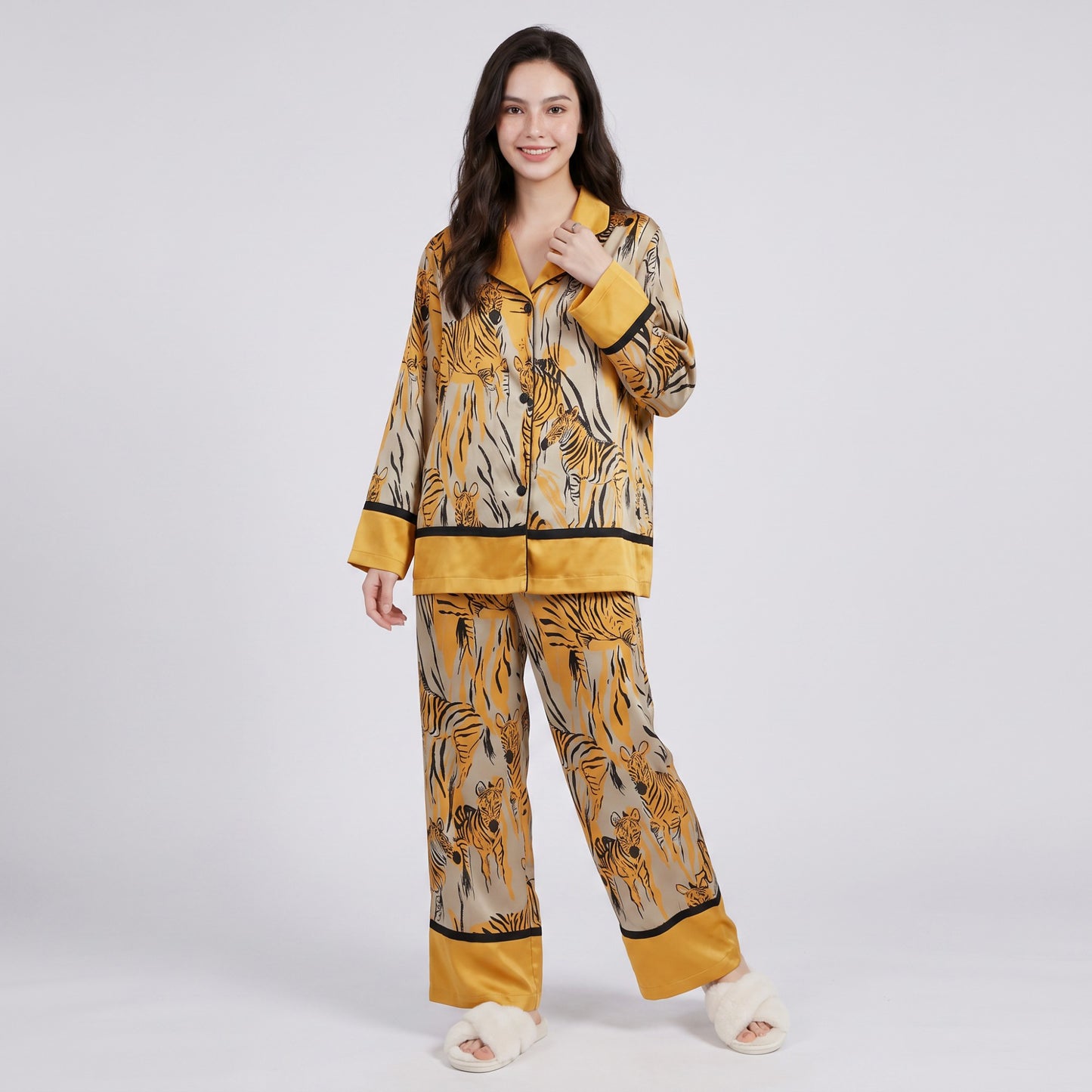 2-Piece Tiger Print Pajama Set with Button Front Top and Wide Leg Pants