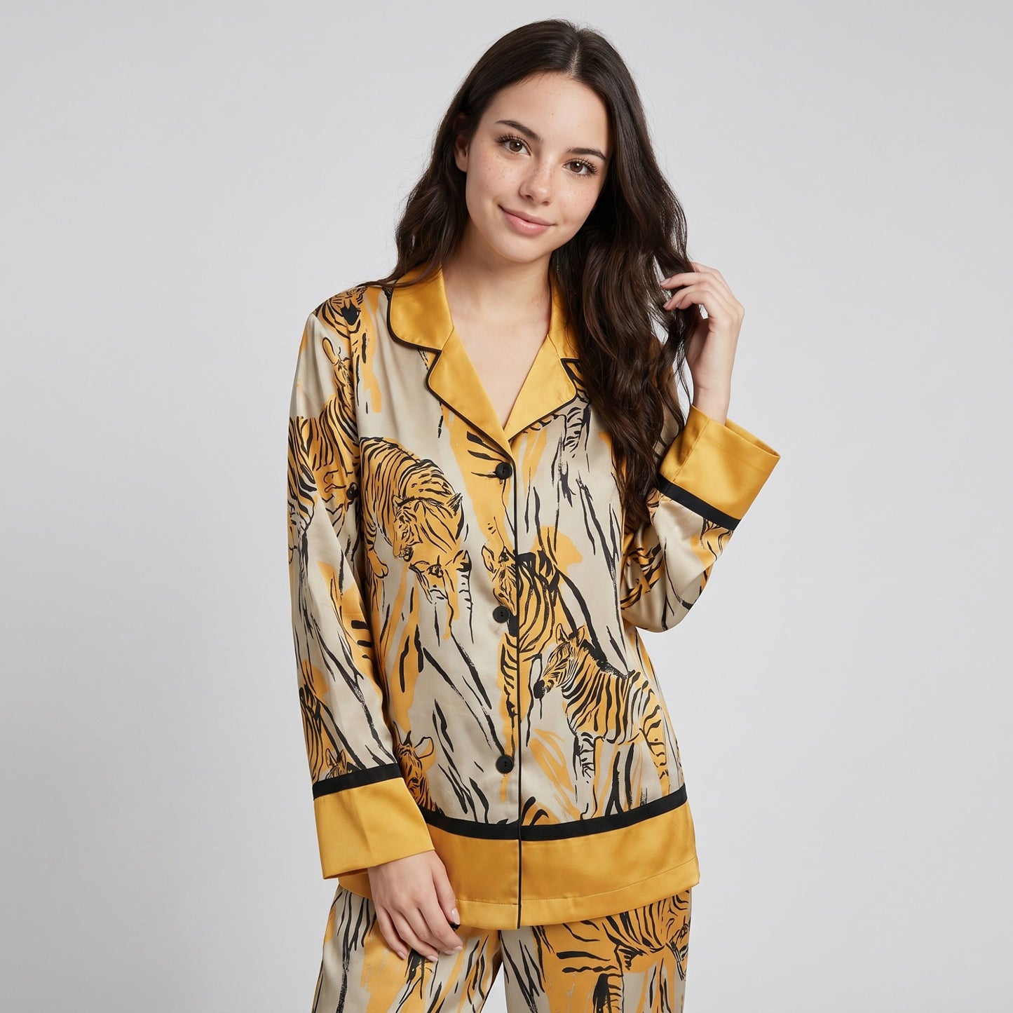 2-Piece Tiger Print Pajama Set with Button Front Top and Wide Leg Pants