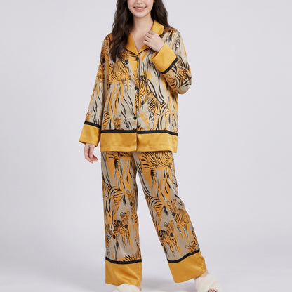 2-Piece Tiger Print Pajama Set with Button Front Top and Wide Leg Pants
