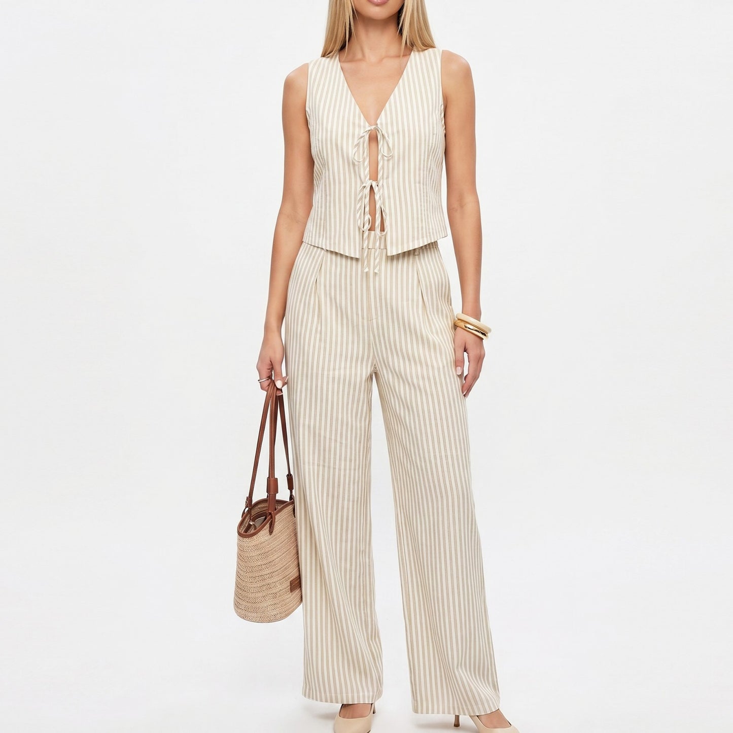 2 Piece Striped Vest Top and Wide Leg Pants Set