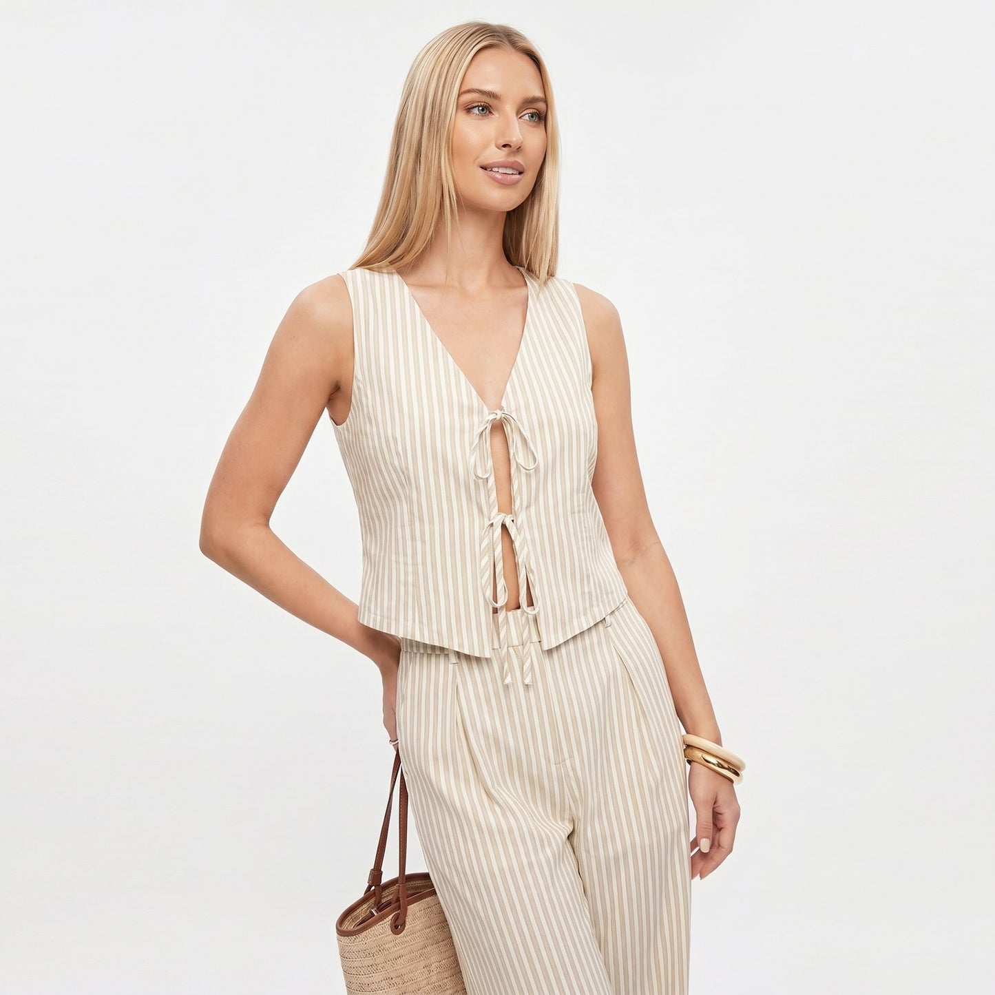 2 Piece Striped Vest Top and Wide Leg Pants Set