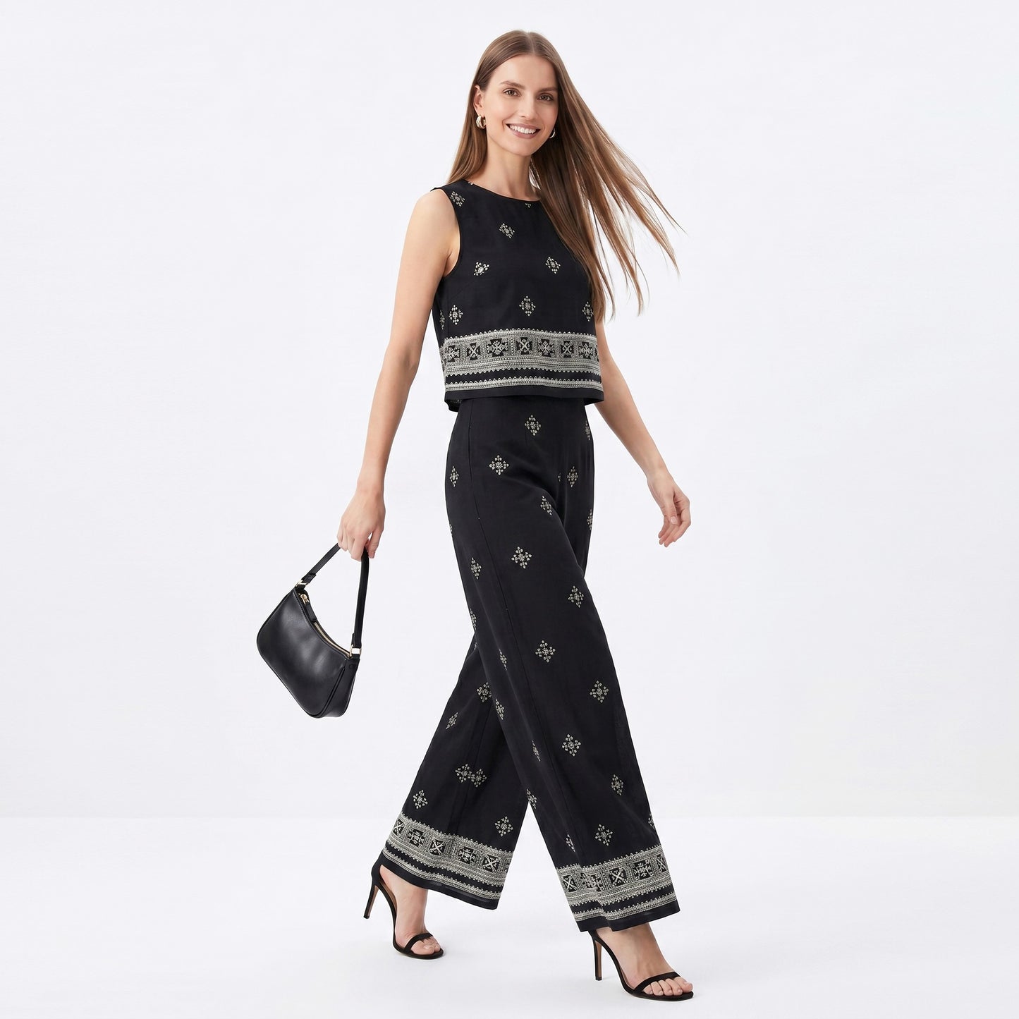 2 Piece Embroidered Crop Top and Wide Leg Pants Set