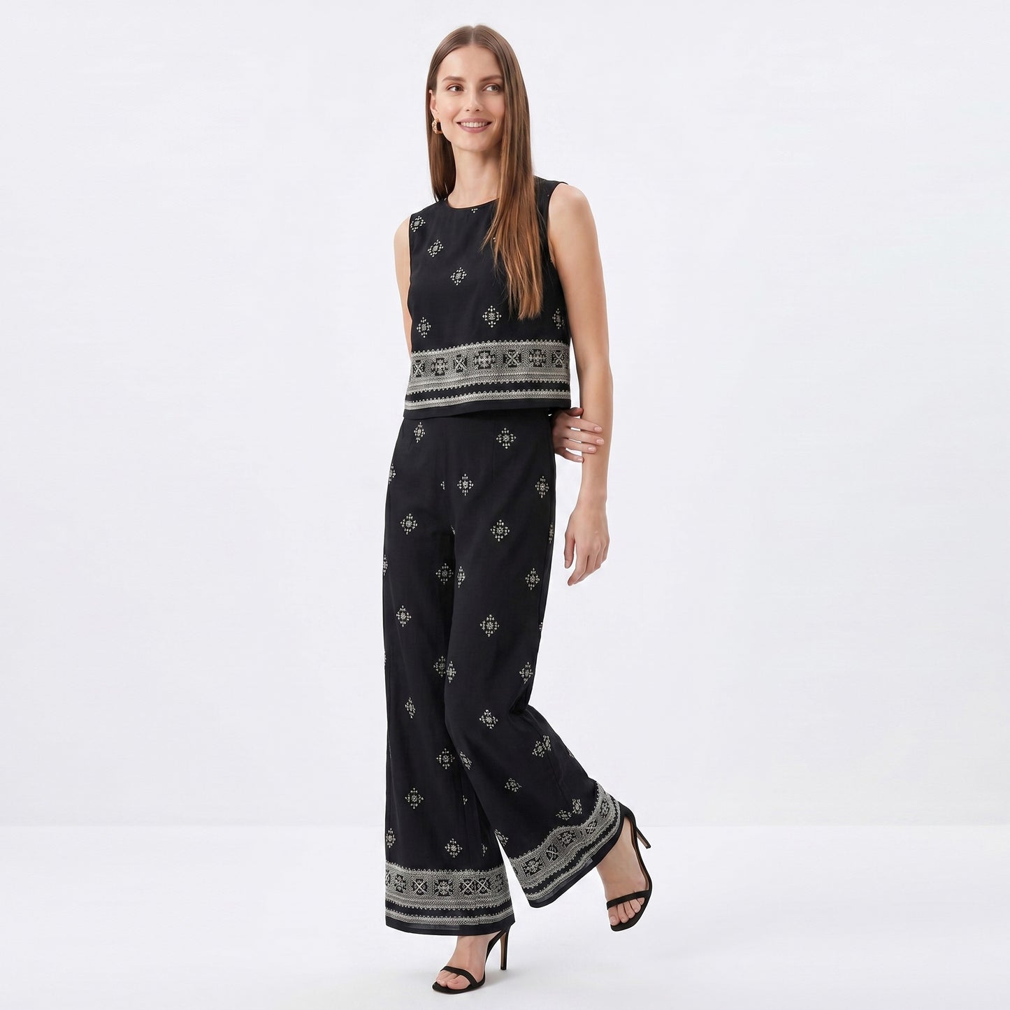 2 Piece Embroidered Crop Top and Wide Leg Pants Set