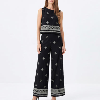 2 Piece Embroidered Crop Top and Wide Leg Pants Set