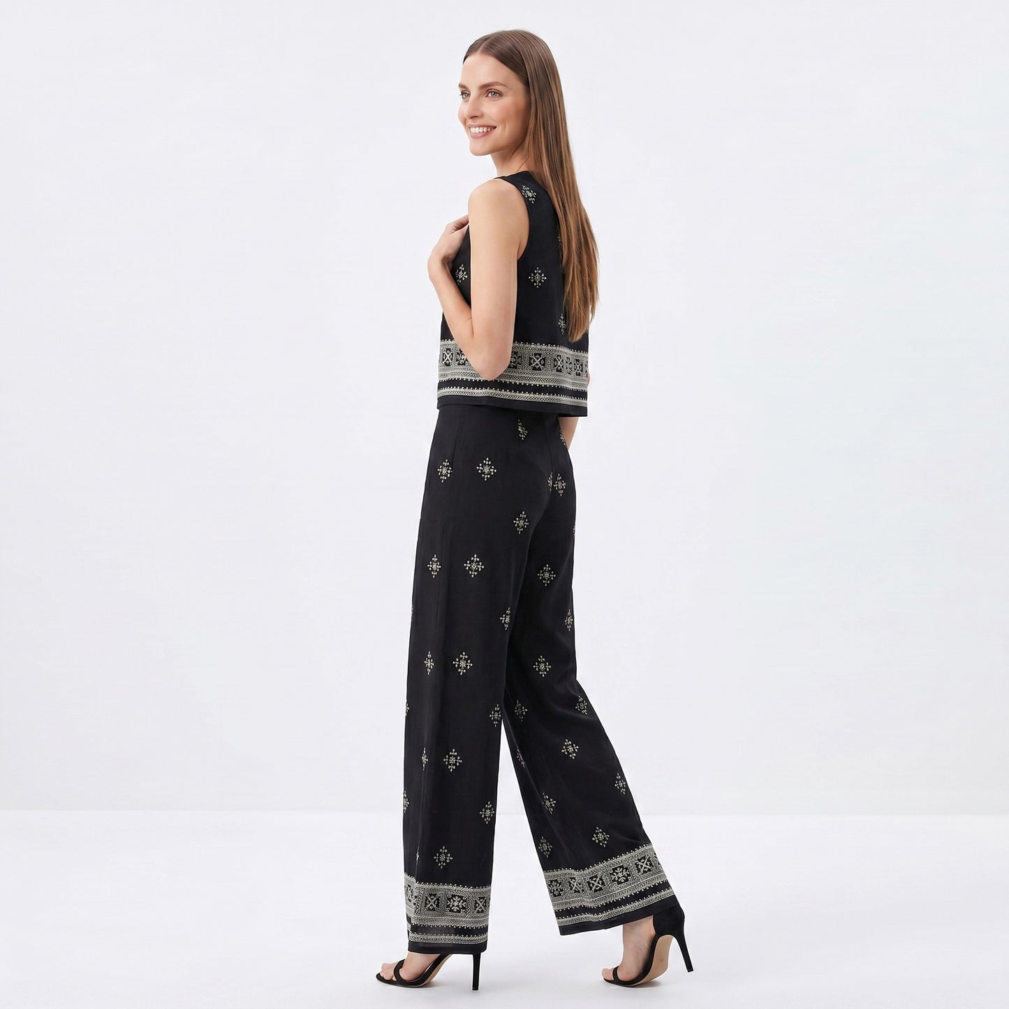 2 Piece Embroidered Crop Top and Wide Leg Pants Set