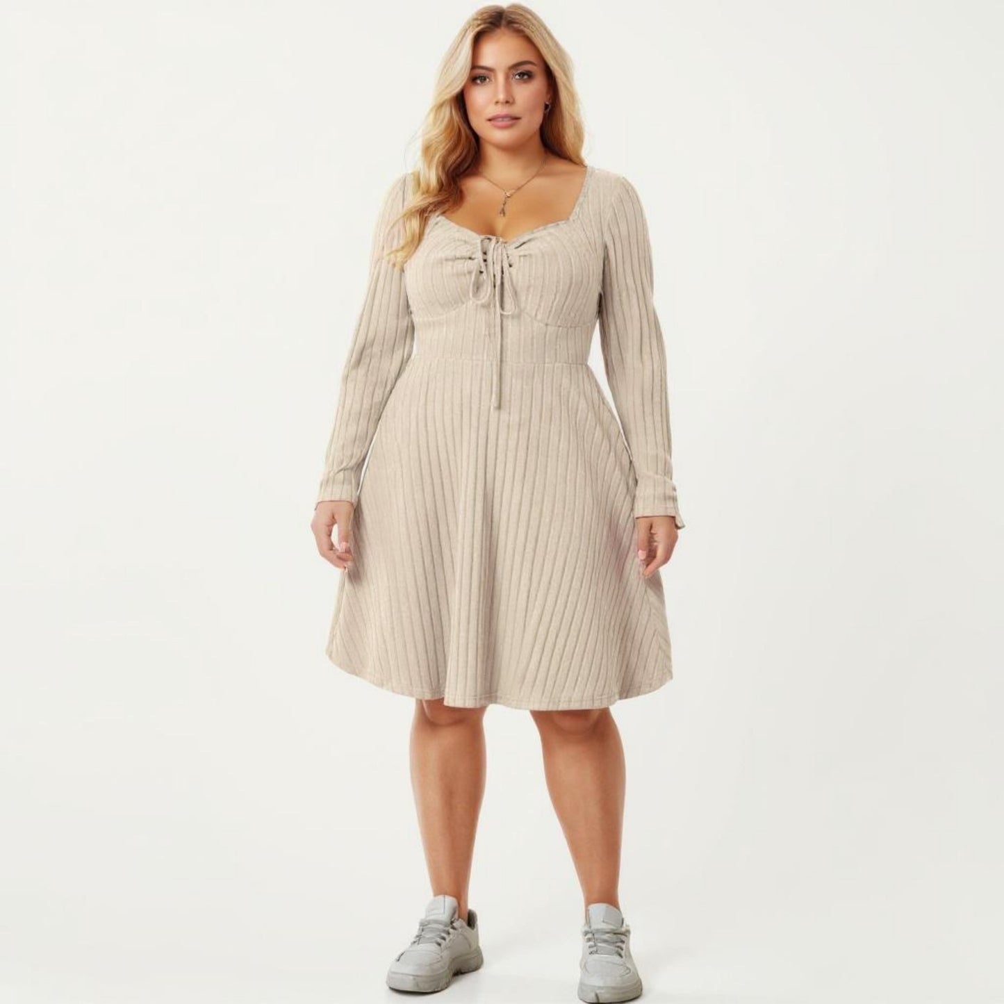Plus Size Long Sleeve Ribbed Knit Dress with Tie Front Detail and Flared Skirt