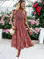 Flower Printed Smocked Check Ruffle Cap Sleeve Gathered Midi Dress