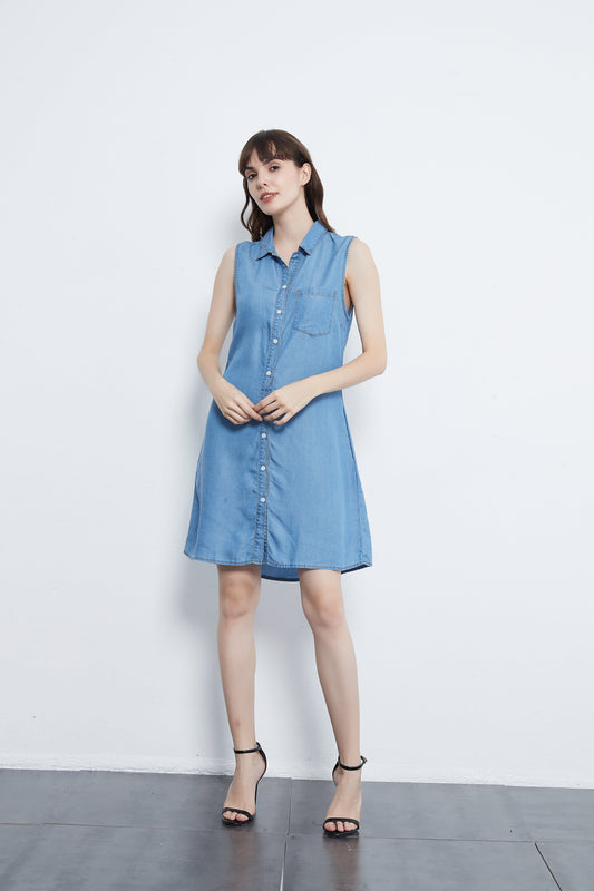 Anna-Kaci Sleeveless Button Down Premium Denim Dress | Anna Kaci