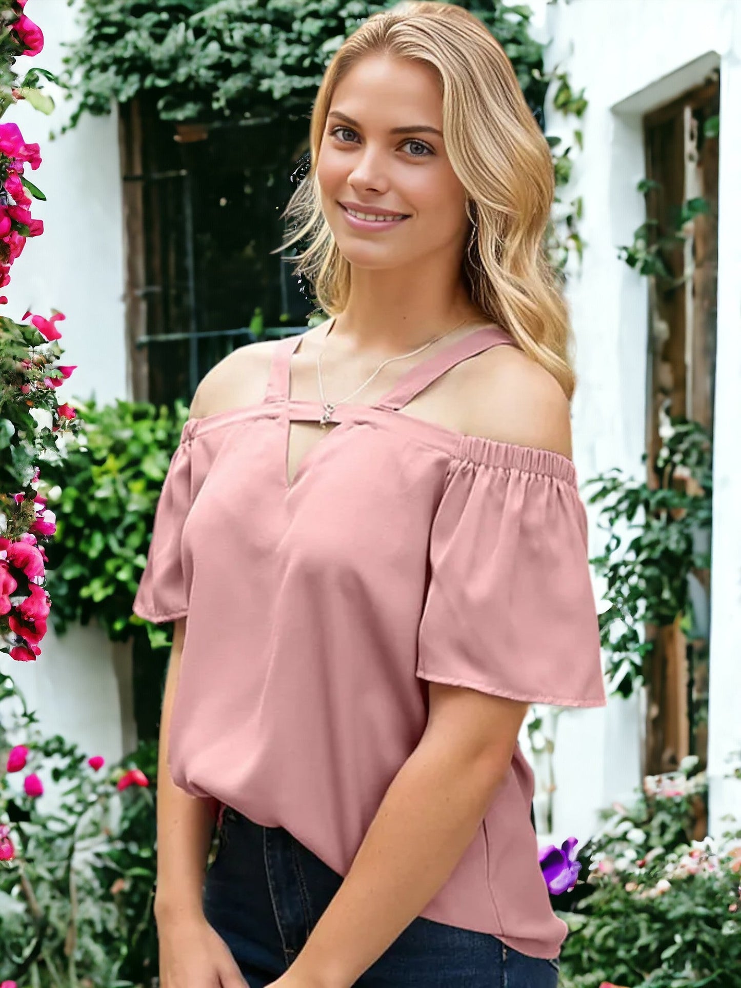 Solid Cutout Cold Shoulder Top