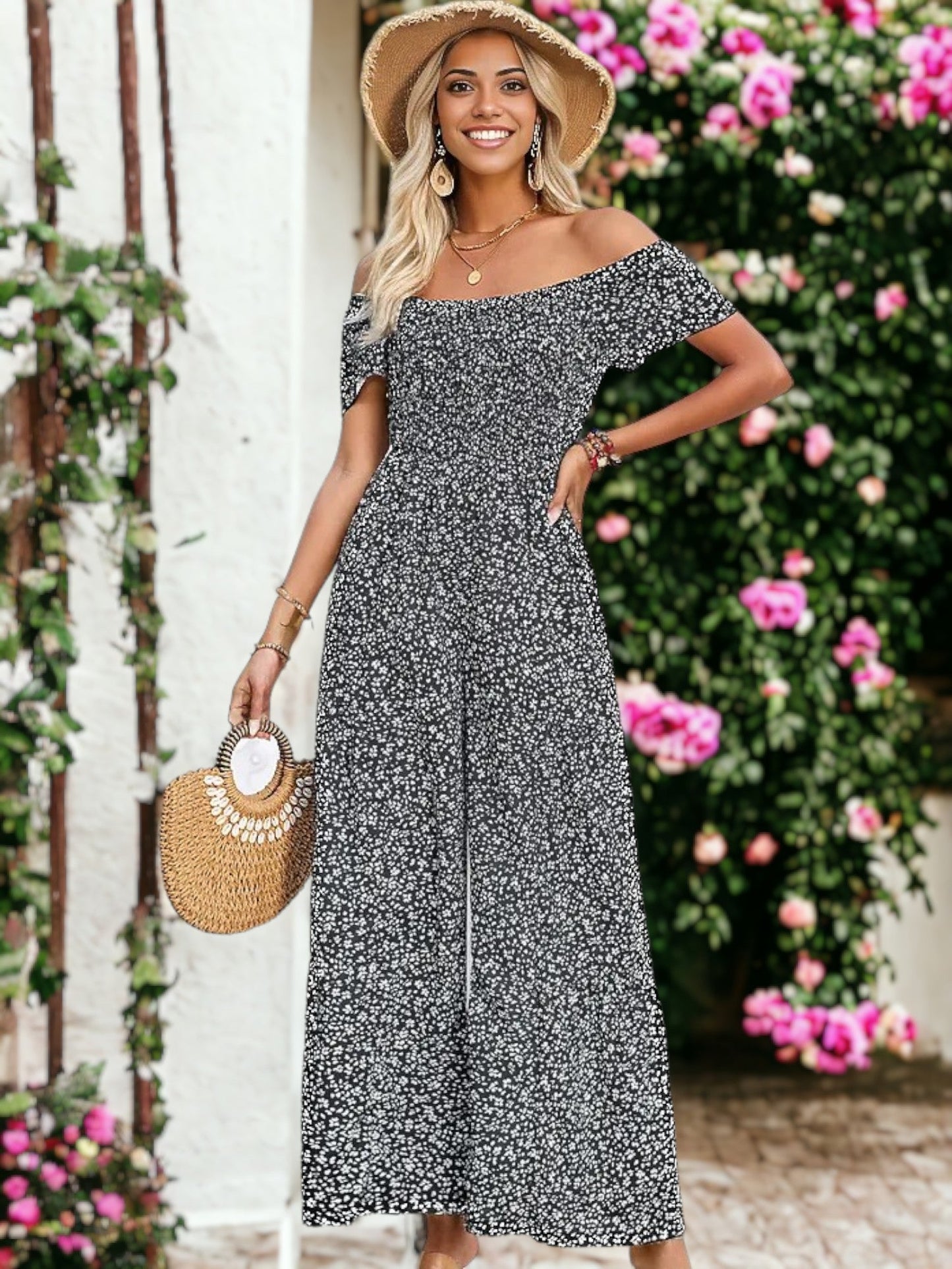 Leopard Printed Round Neck Cap Sleeve Gathered Jumpsuit