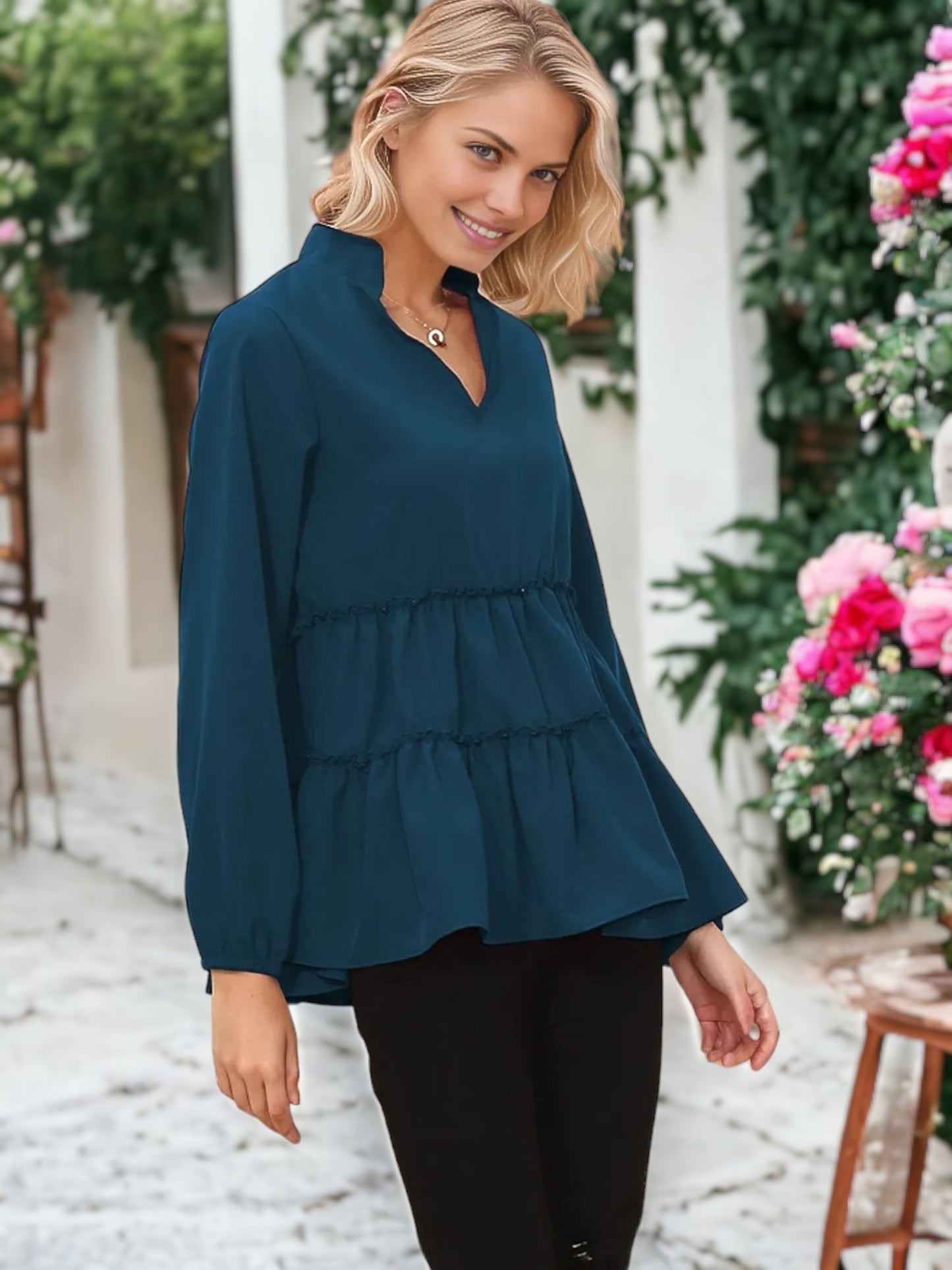 Mandarin Collar Ruffle Hem Blouse