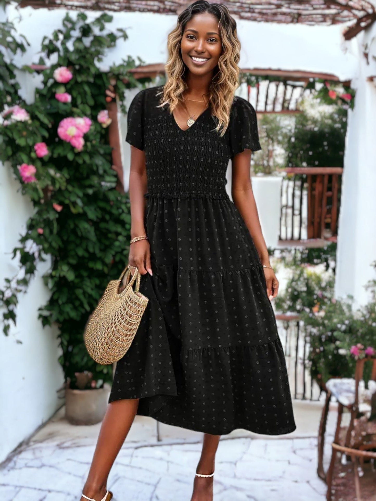 V-Neck Smocked Chest Gathered Ruffle Midi Clip Dot Dress