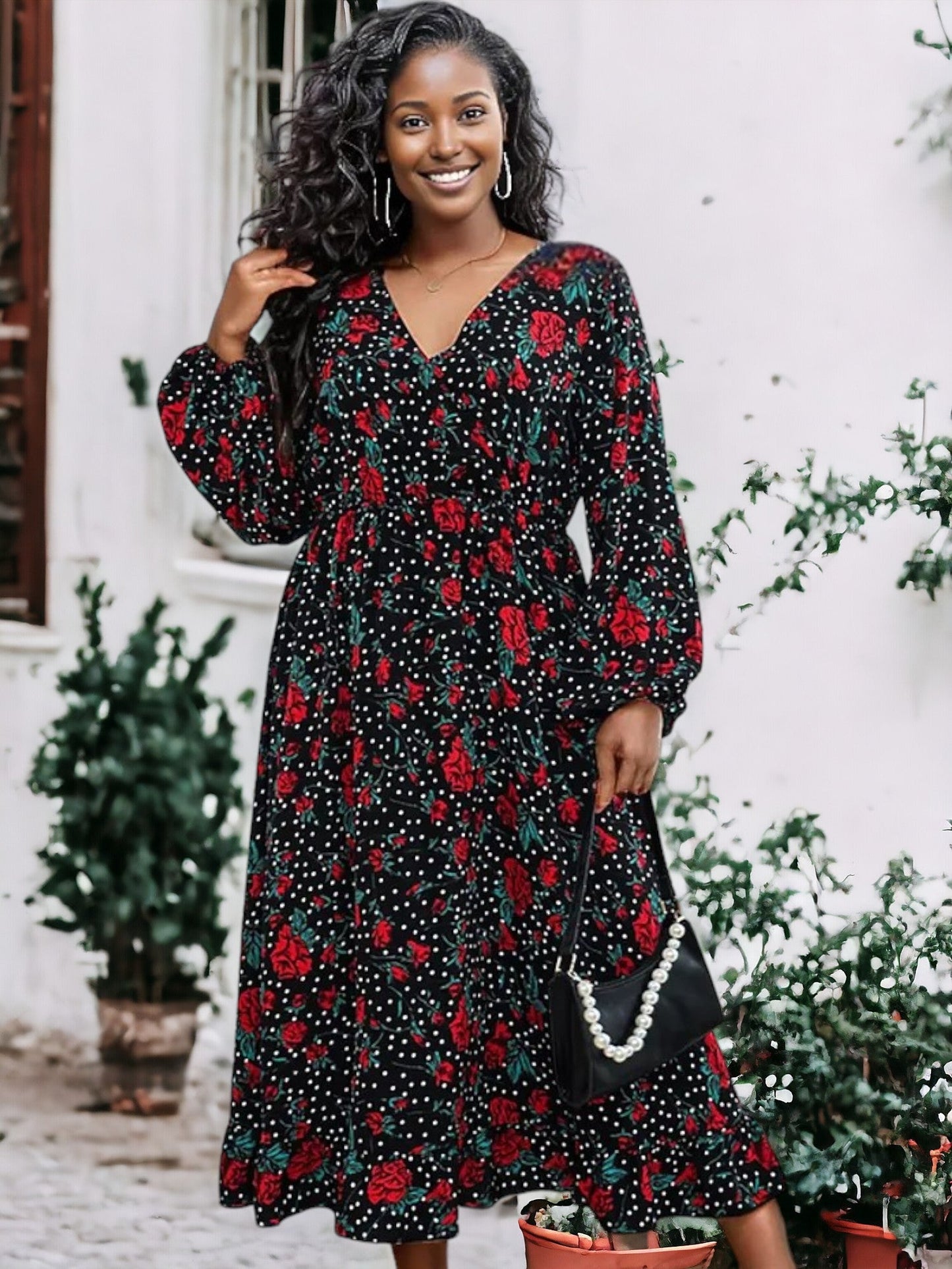 Plus Size Bell Sleeves Rose Floral Print Wrap Maxi Dress