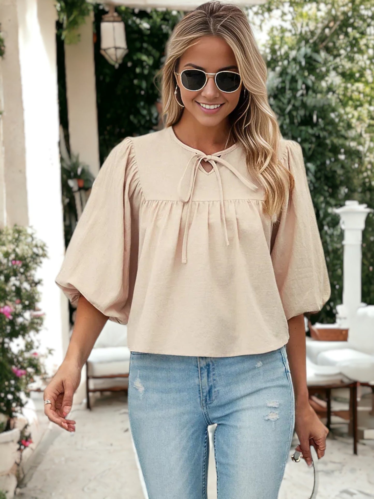 Tie Neck Midi Puff Sleeve Blouse