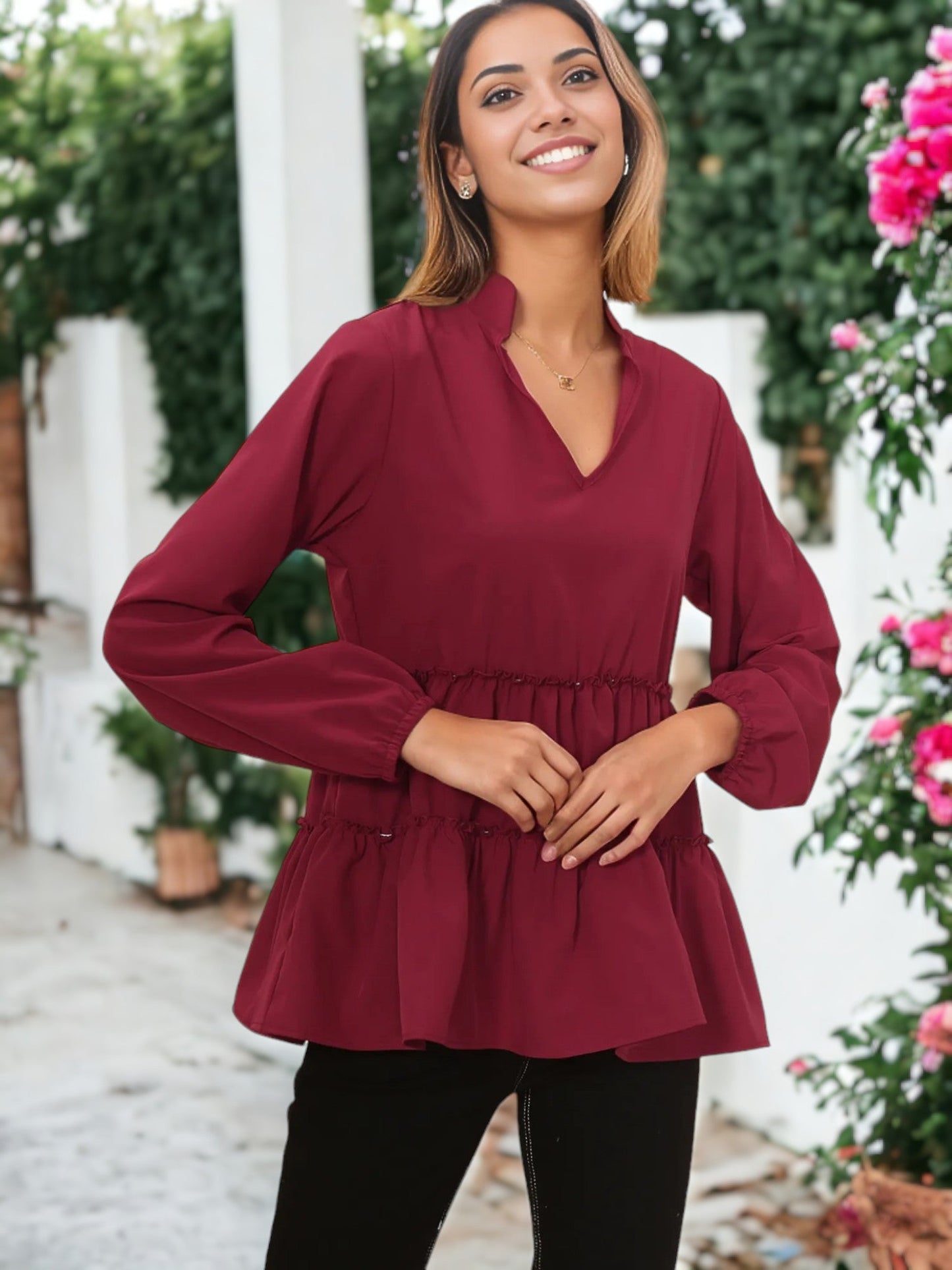 Mandarin Collar Ruffle Hem Blouse