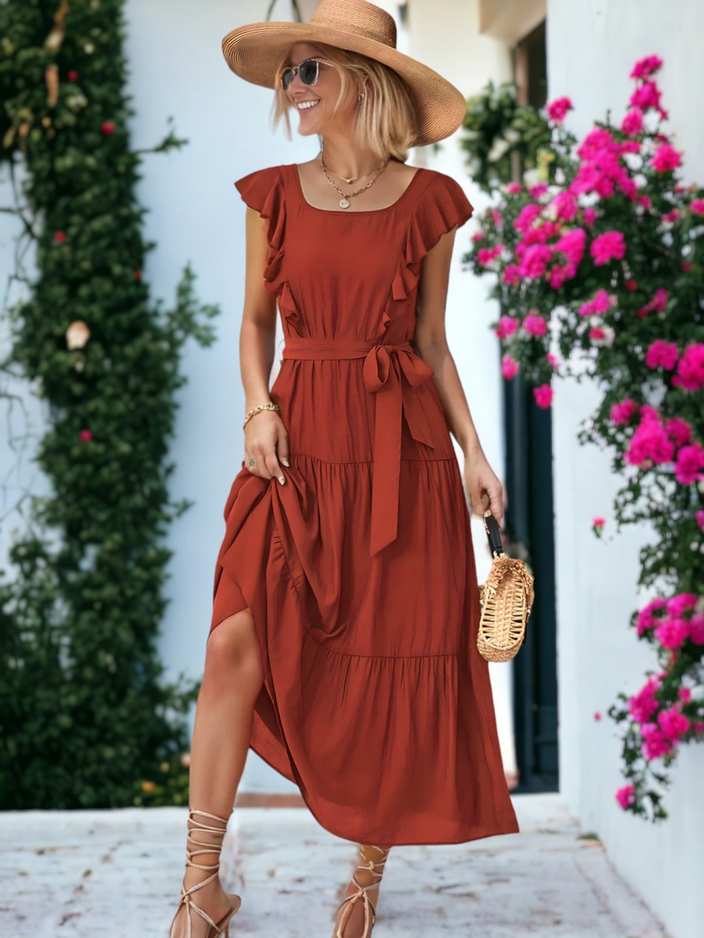 Square Neck Ruffle Detail Belted Sleeveless Maxi Dress