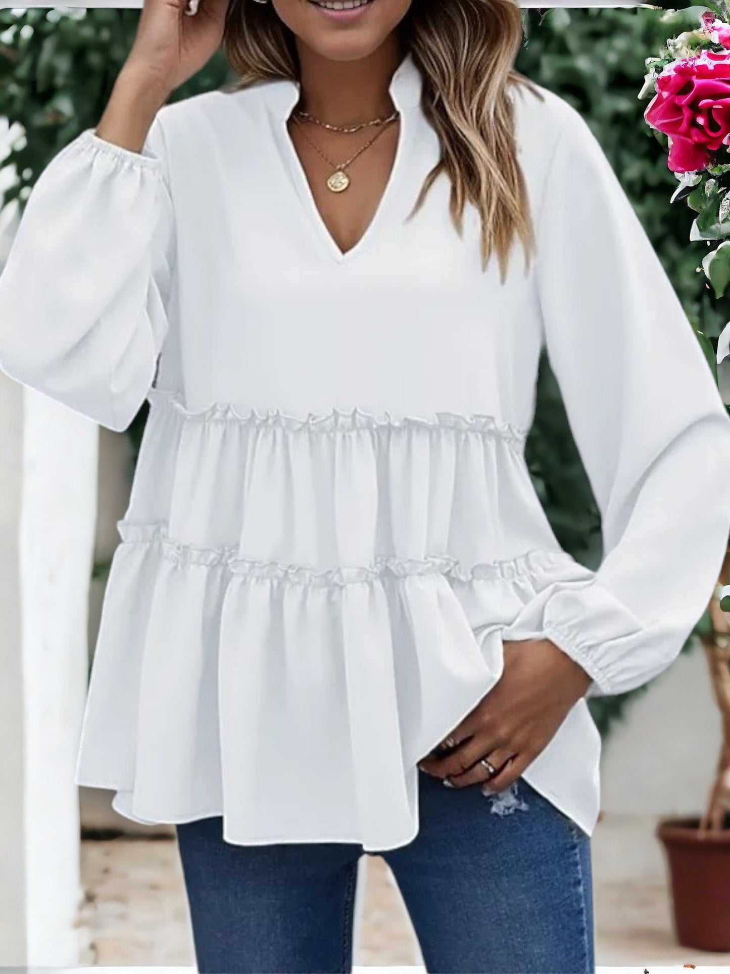 Mandarin Collar Ruffle Hem Blouse