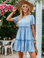 Notched V-Neck Short Sleeve Smocked Ruffle Dress