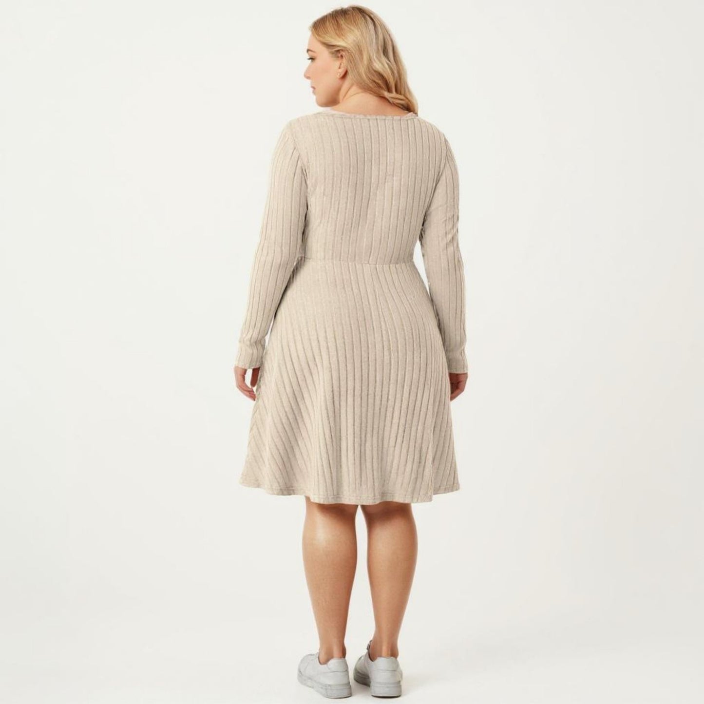 Plus Size Long Sleeve Ribbed Knit Dress with Tie Front Detail and Flared Skirt