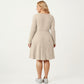 Plus Size Long Sleeve Ribbed Knit Dress with Tie Front Detail and Flared Skirt