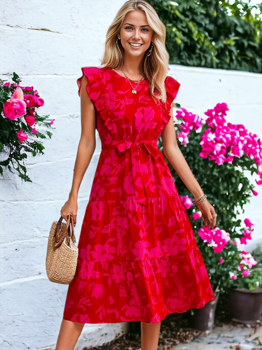 Floral Ruffle Front Tiered Dress