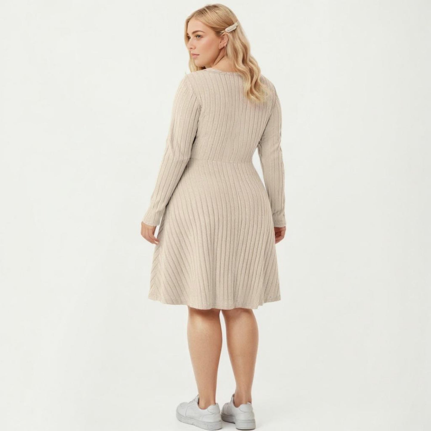 Plus Size Long Sleeve Ribbed Knit Dress with Tie Front Detail and Flared Skirt