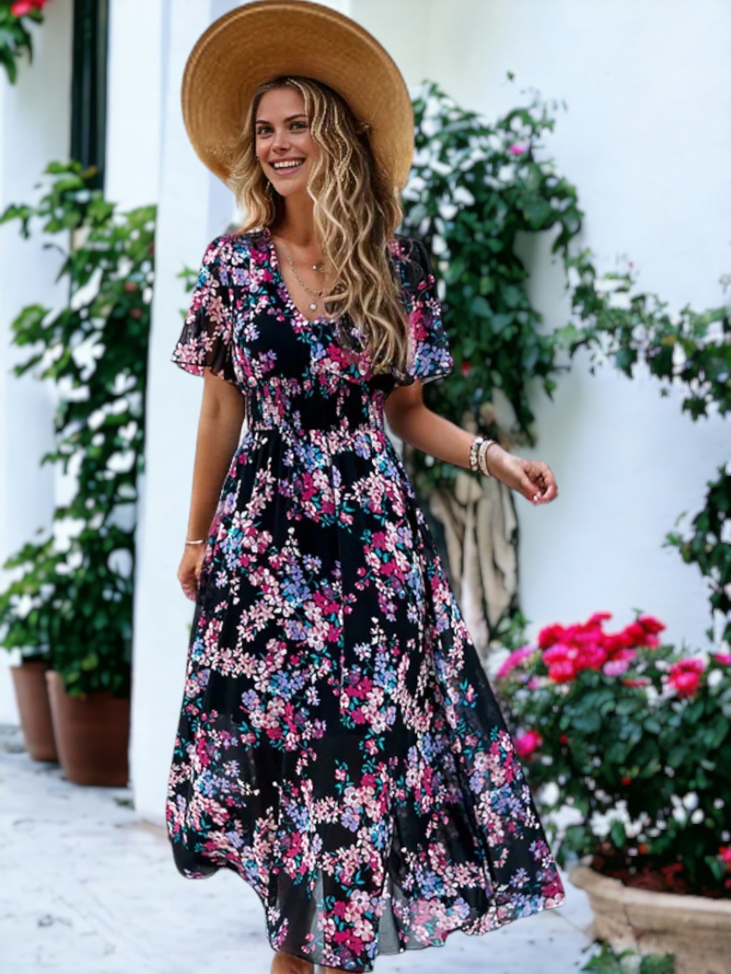 Floral Printed Short Sleeve Maxi Smocked Dress