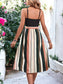 Stripe Print Belted Two Color Contrast Flared Midi Dress