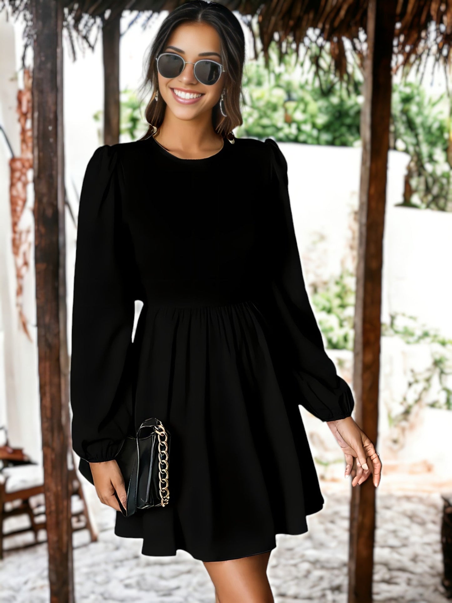 Cutout Tie Back Long Sleeve Tunic Dress