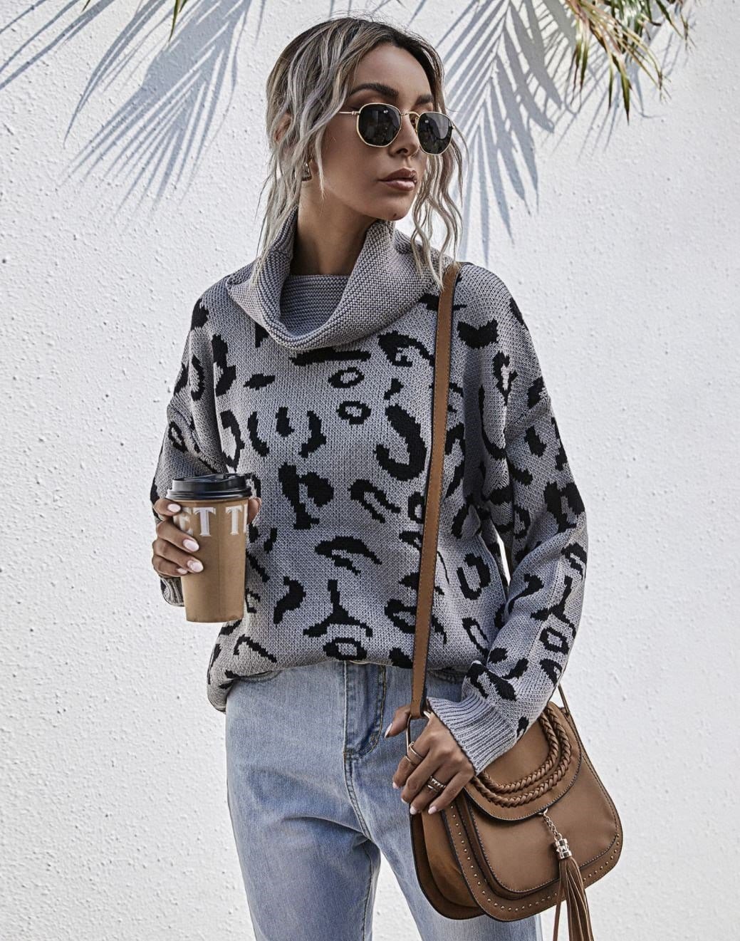 High Neck Leopard Print Sweater