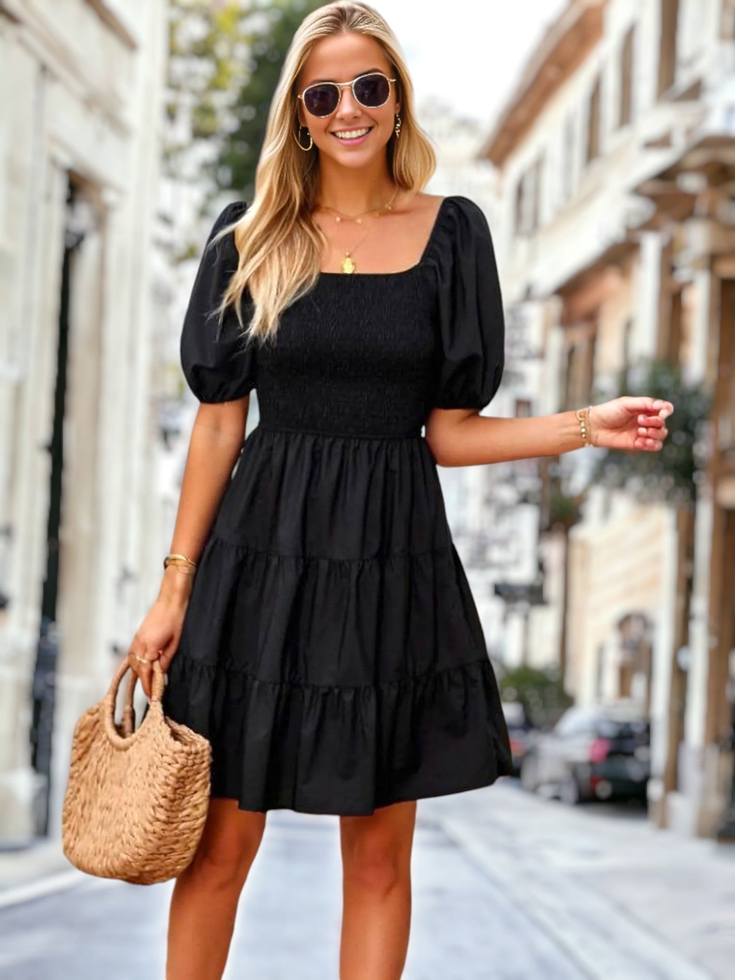 Square Neck Shirred Puff Sleeve Dress