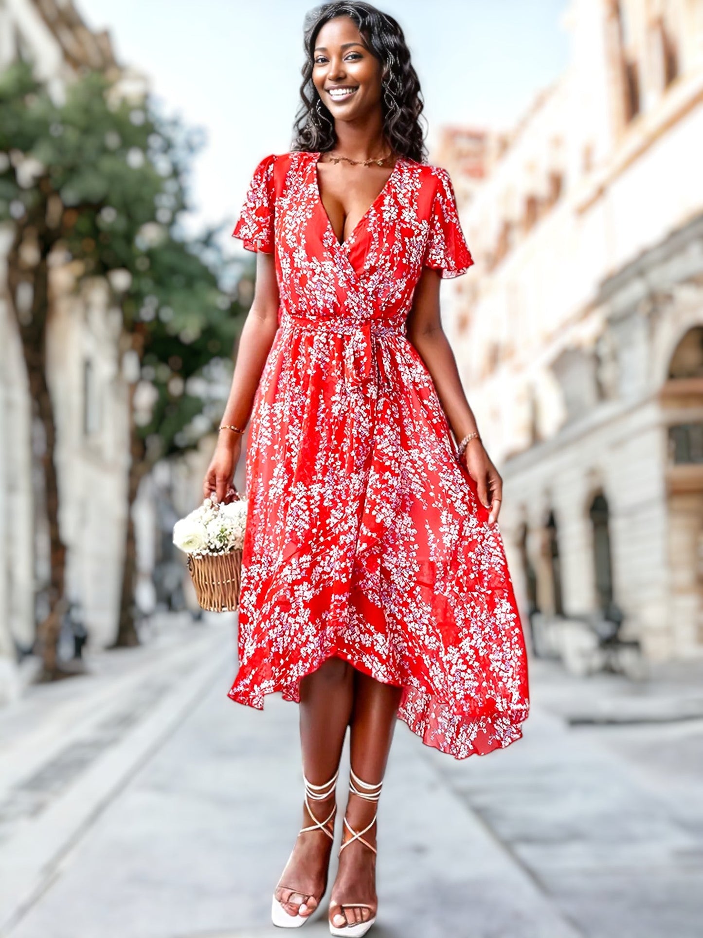 Floral Print Flutter Sleeve Wrap Dress