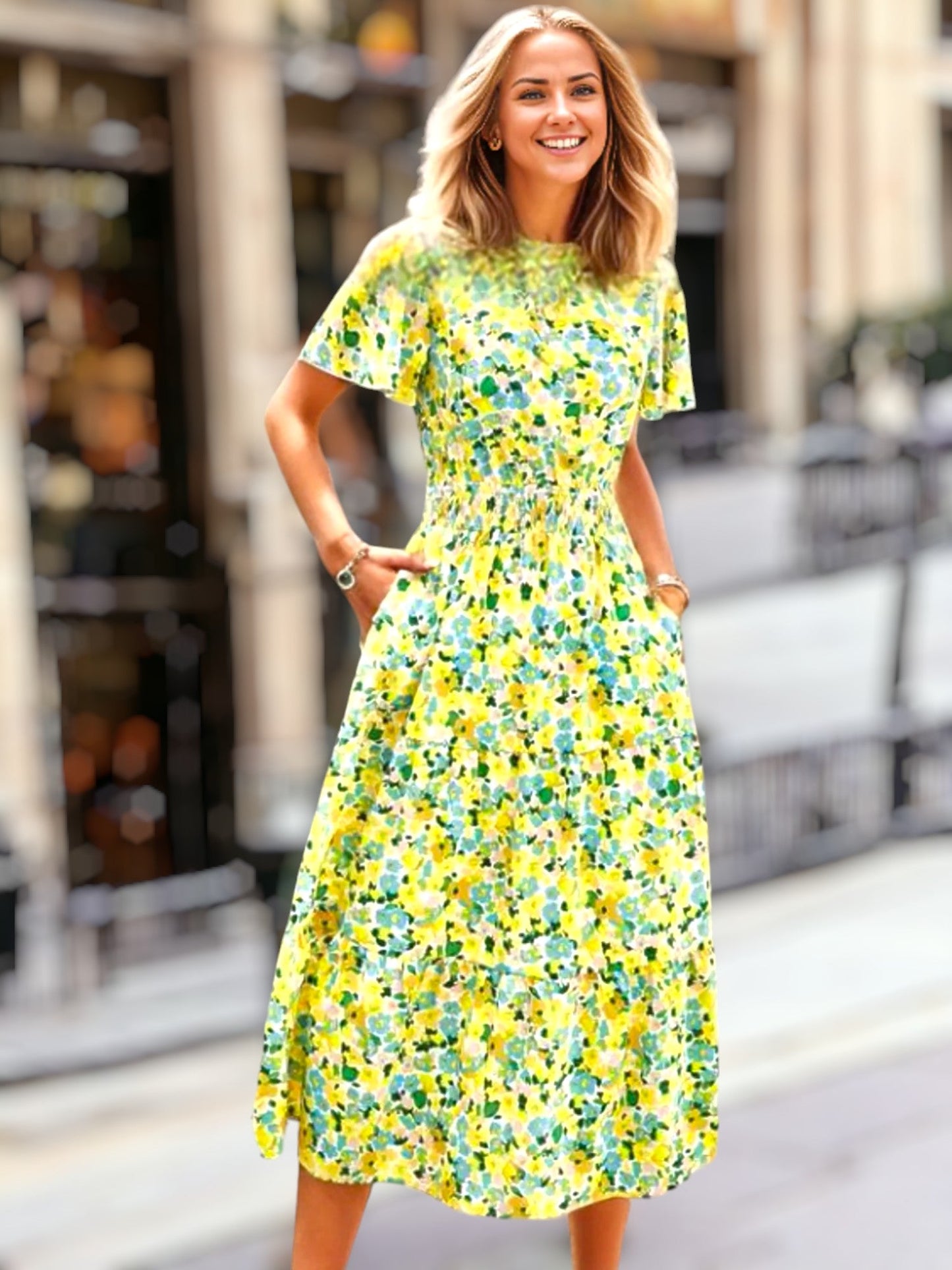 Floral Print Shirred Waist Midi Dress