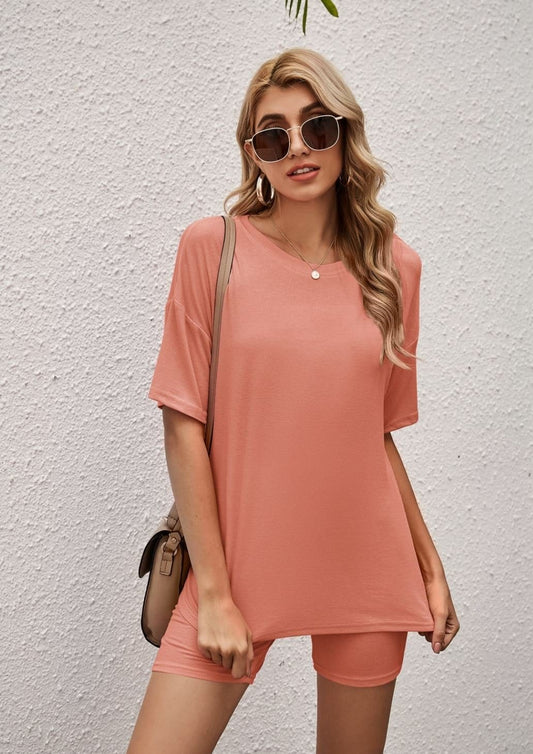 Solid Color Tee and Biker Shorts Set