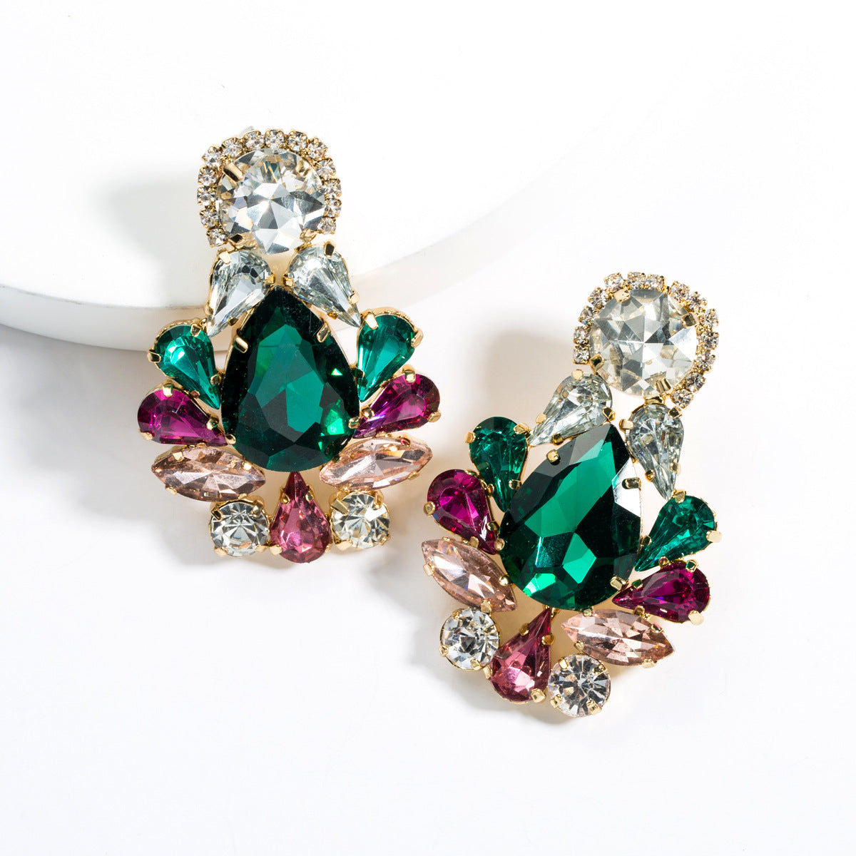 Large Geometric Crystals Hanging Earring Stud