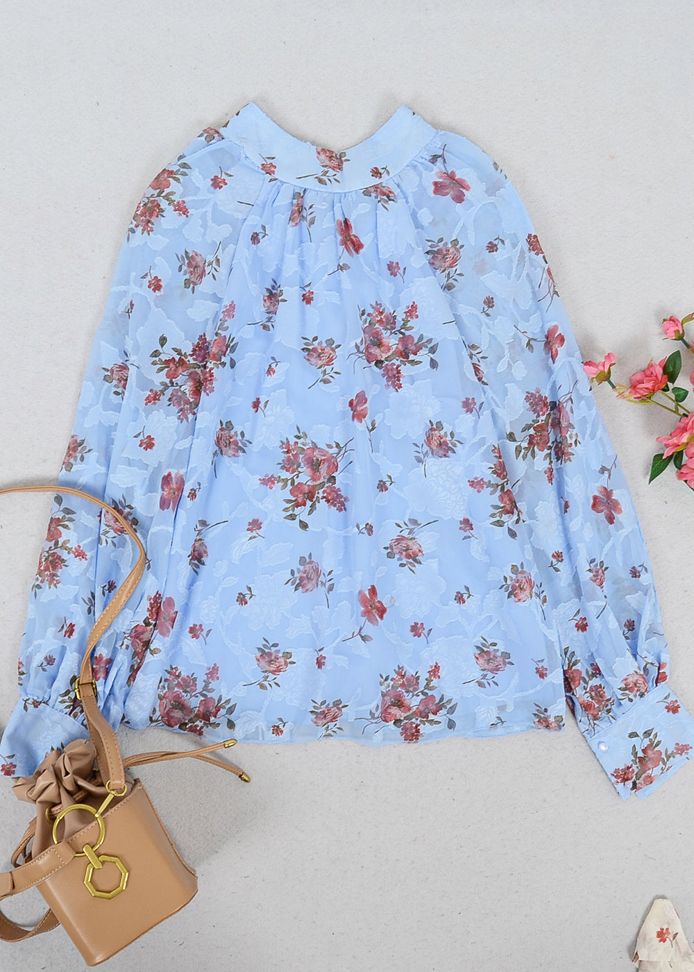 Multi-Floral Pattern Bishop Sleeve Blouse